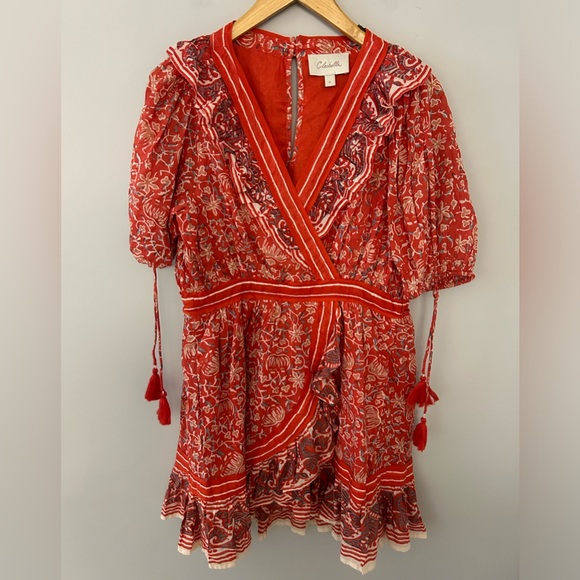 Cleobella Blair Red Printed Puff Sleeve Mini Dress - Picture 2 of 8